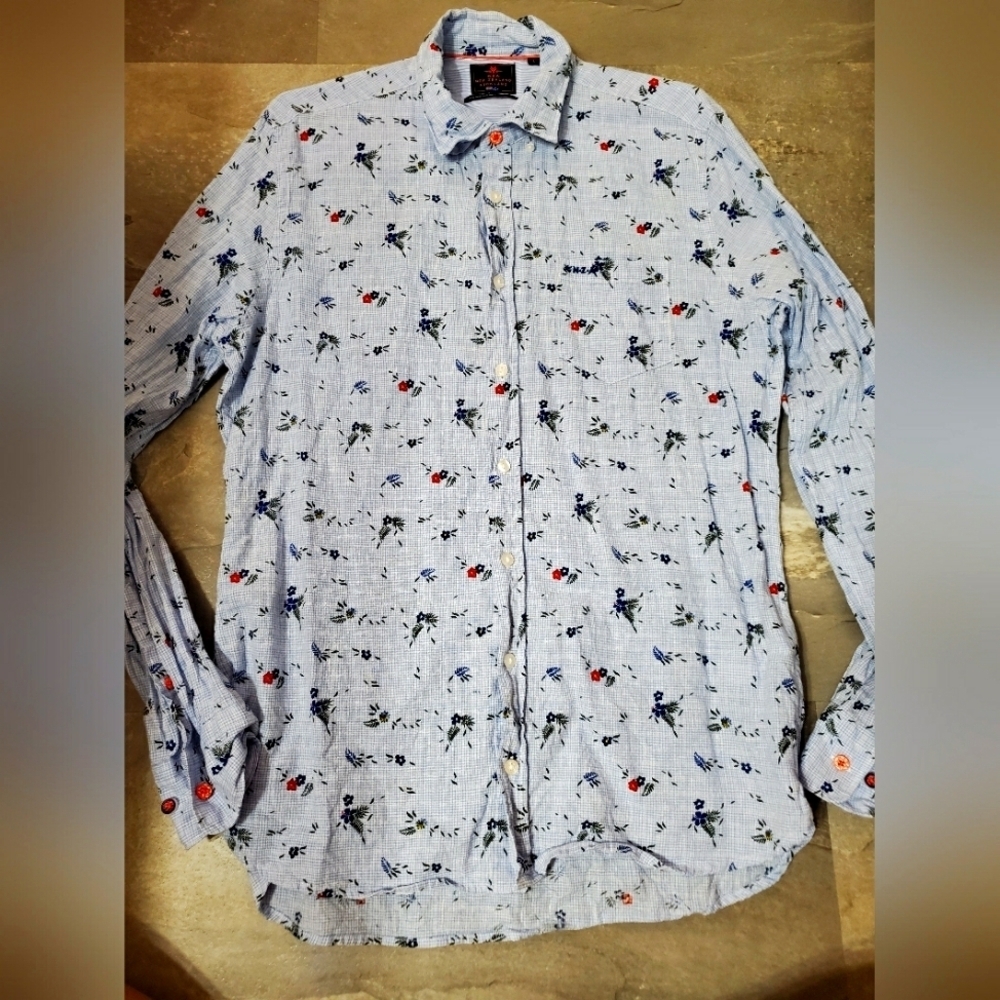 NZA New Zealand Auckland Plaid Floral Button Down Shirt. Blue, White. Men L.